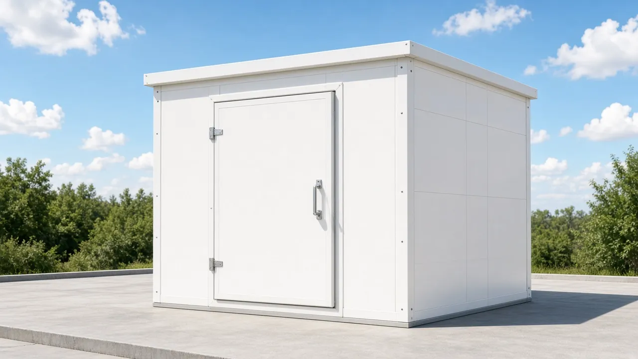 A small white modular cold room outdoors in bright sunlight