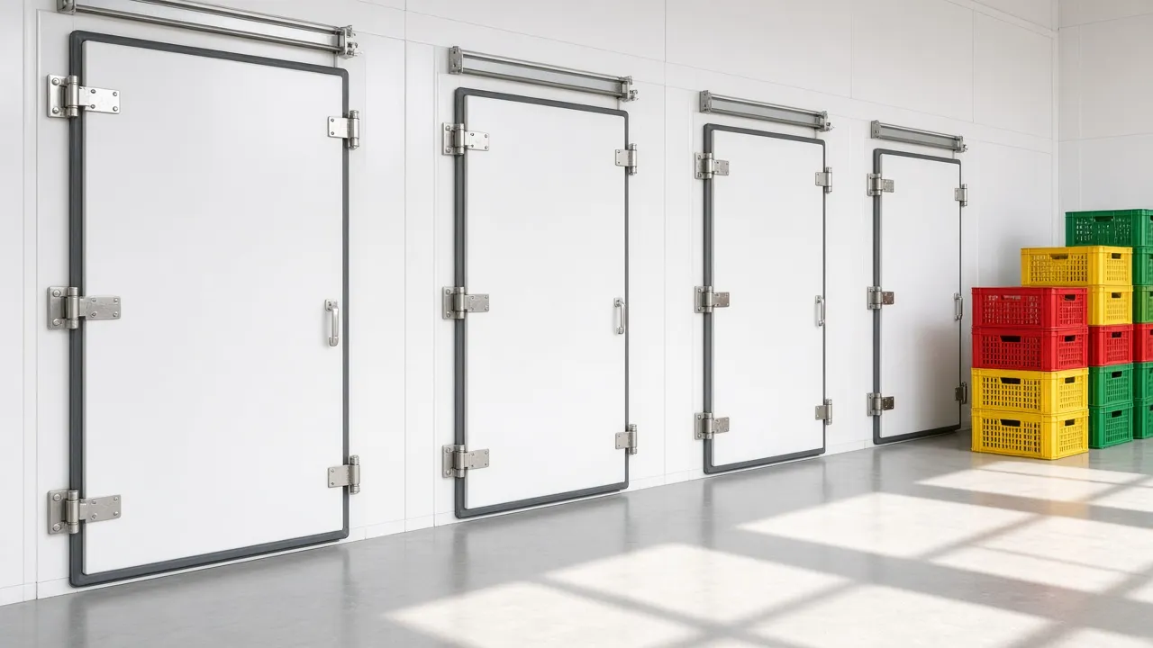 A row of white insulated cold room doors beside colorful crates