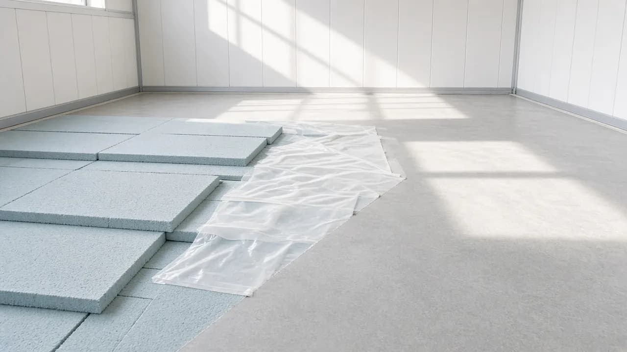 Insulated floor boards and a vapor barrier beside a finished cold room floor