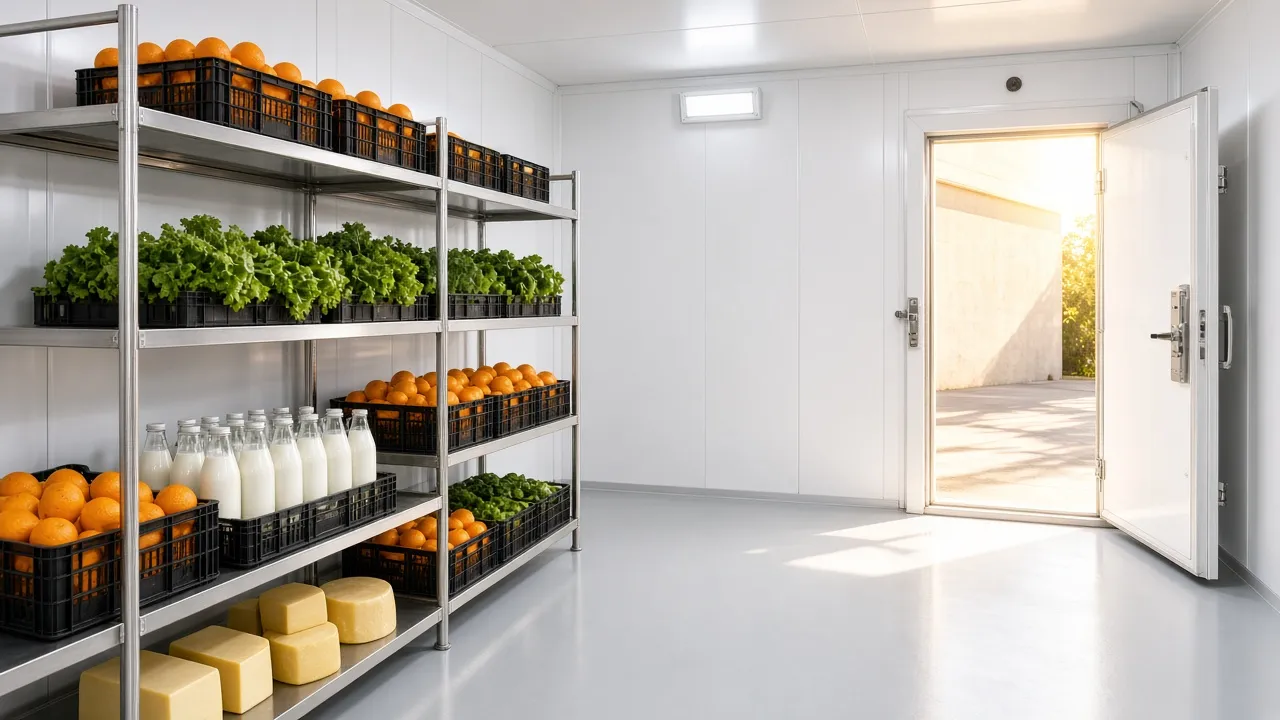 A bright cold room with crates of produce, milk, and cheese, and an open insulated door