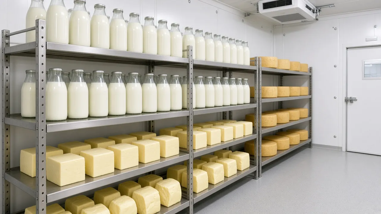 A bright dairy cold room with milk bottles, butter, and cheese