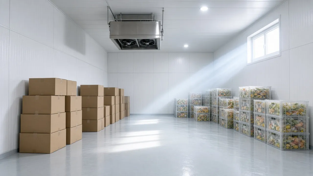 A bright freezer room with a ceiling evaporator, cartons, and crates of frozen vegetables
