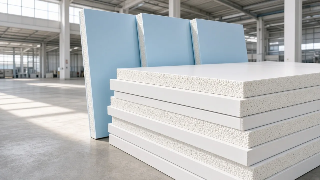Stacked white and pale blue insulated panels with a visible foam core