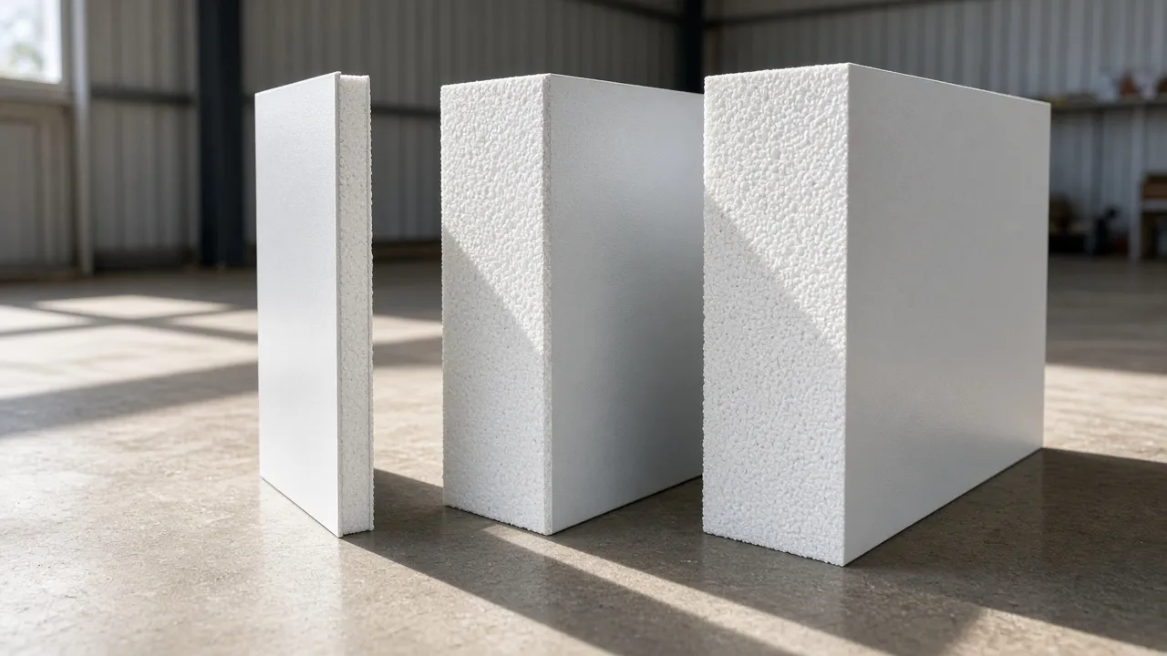 Three insulated panels of different thicknesses standing in sunlight