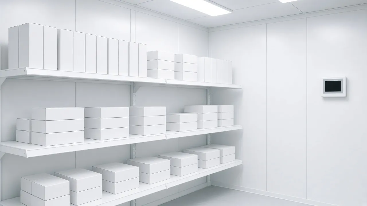 A bright pharmaceutical cold room with plain cartons and a wall sensor