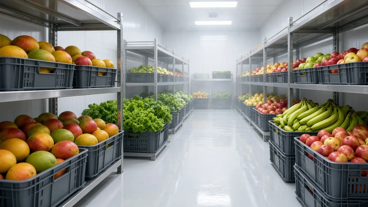 A bright produce cold room with mangoes, bananas, apples, and leafy greens