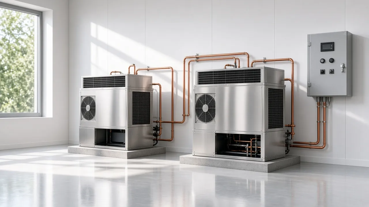 Stainless condensing units with copper piping in a bright plant room