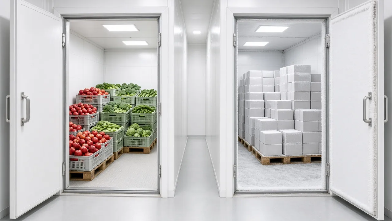 A chiller room with fruit and vegetables beside a frosted freezer room