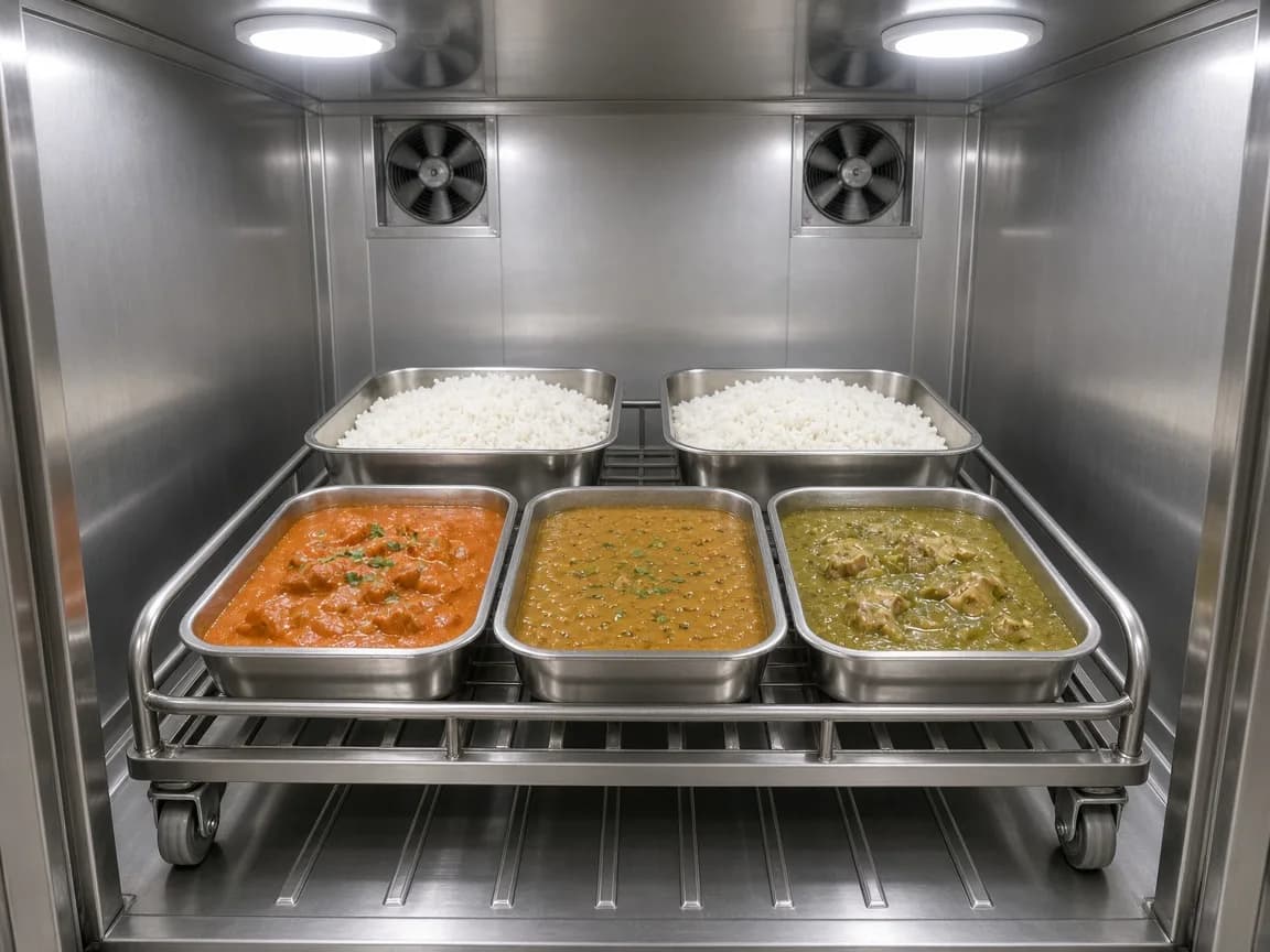 Cooked food pans in an Indian blast chiller