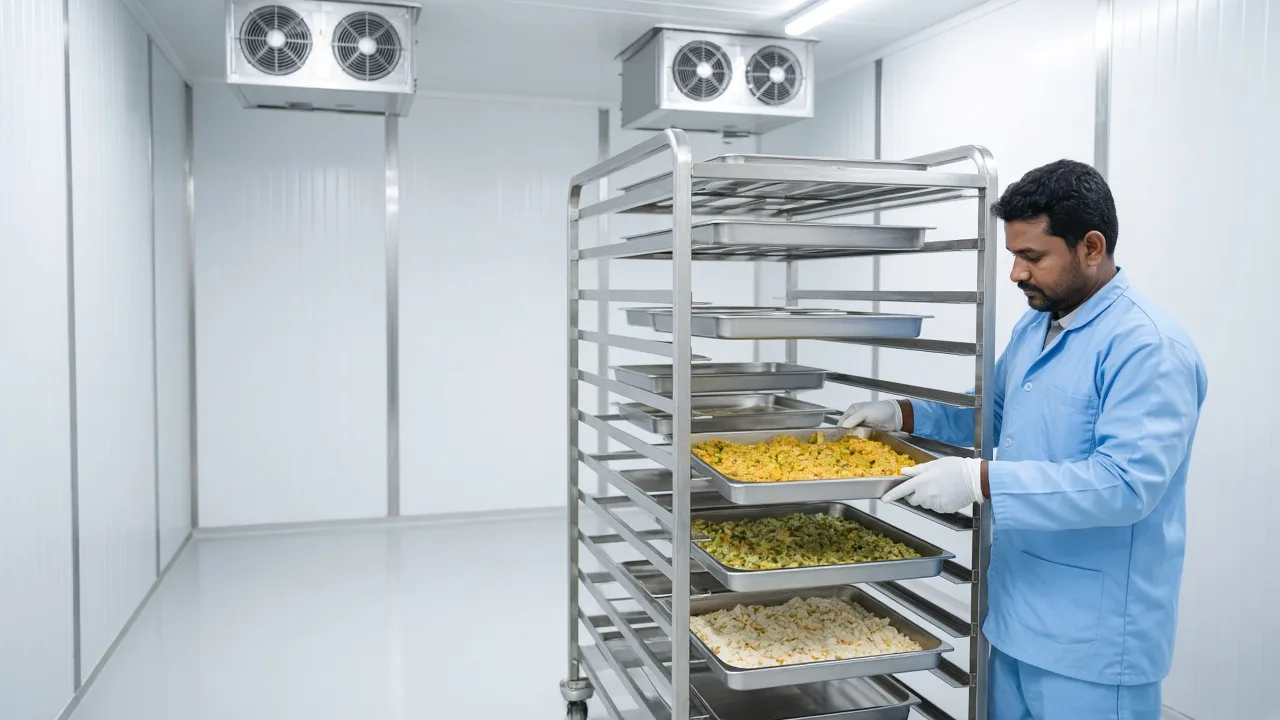 An Indian worker checking trays inside a bright blast chiller
