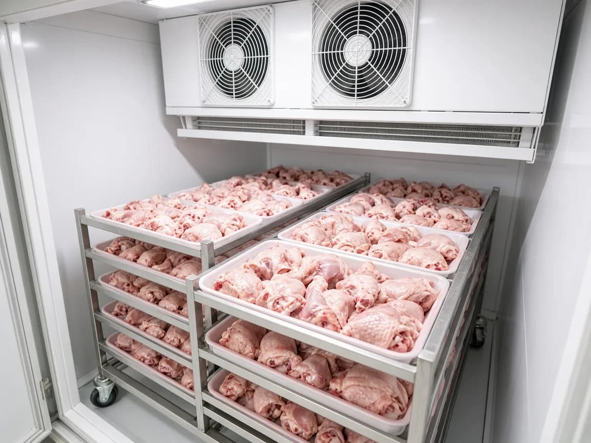 Poultry trays in an Indian blast chiller