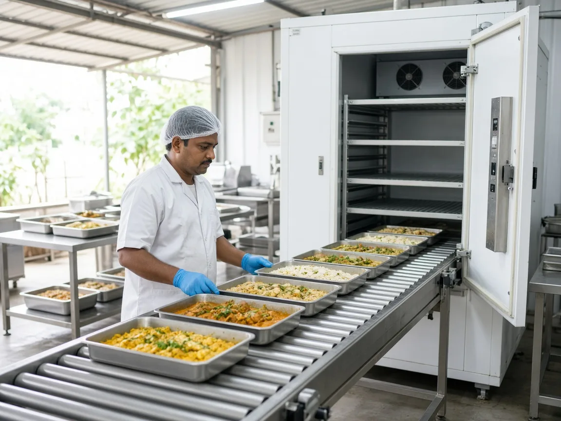 A blast chiller beside an Indian processing line