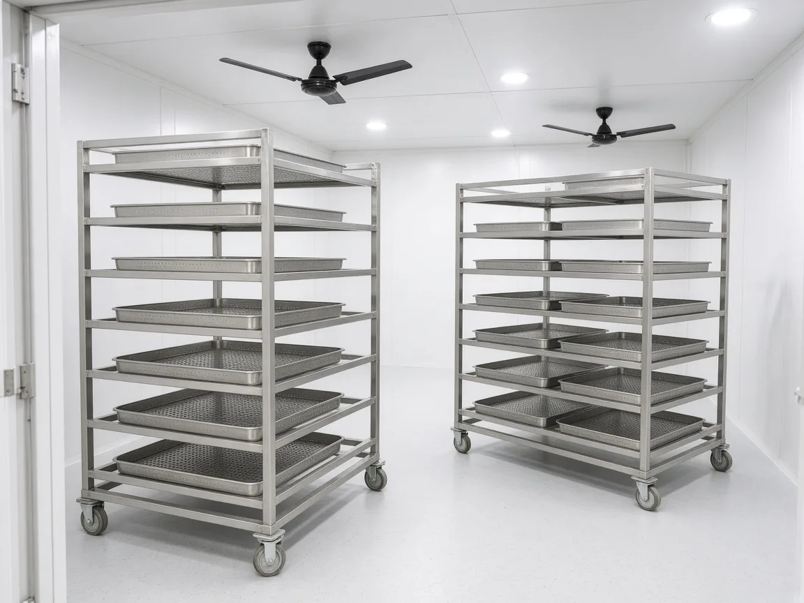 Trays spaced for airflow inside an Indian blast chiller