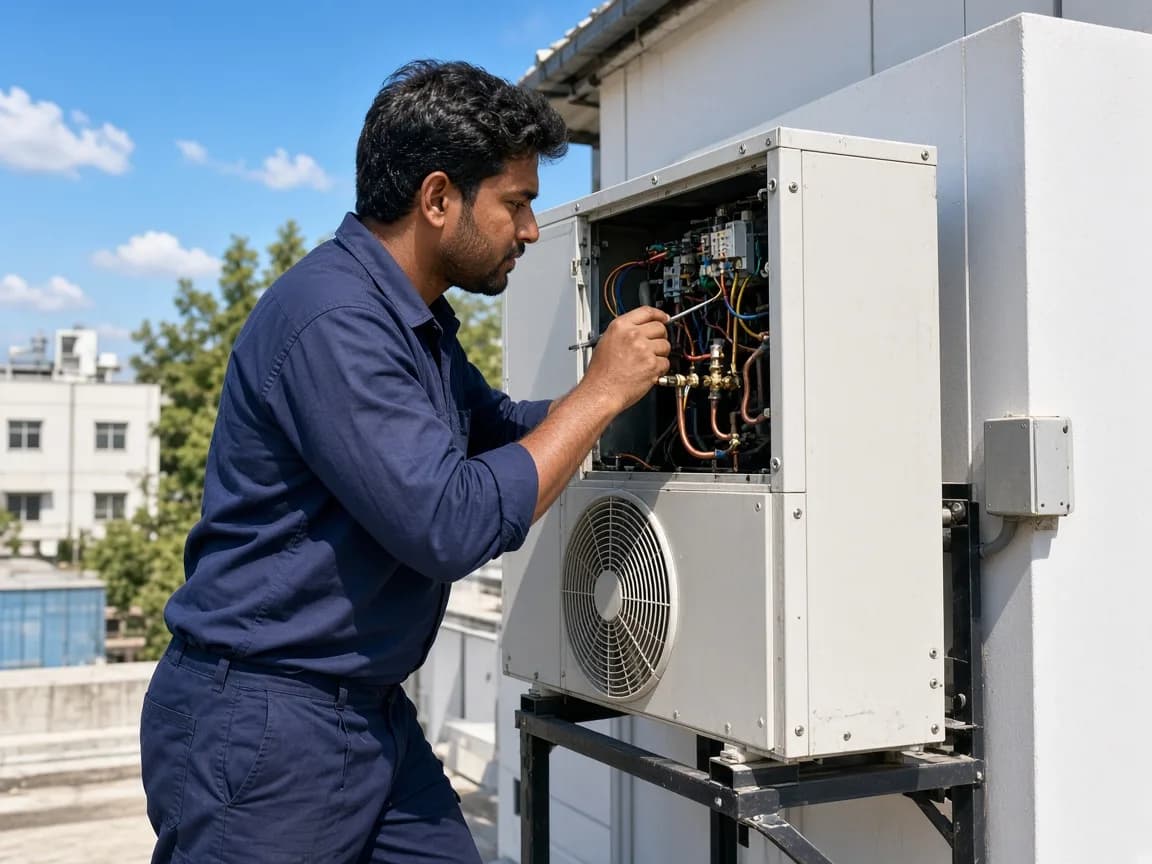 An Indian technician servicing refrigeration beside a blast chiller building