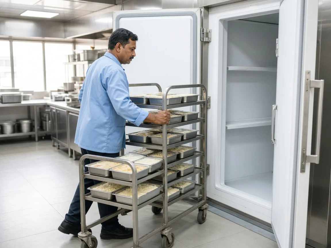 An Indian worker entering a walk-in blast chiller