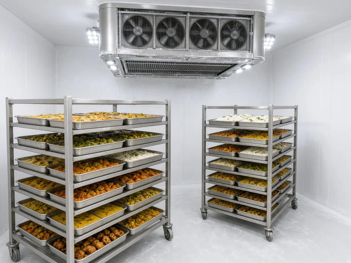 Food trays in an Indian blast freezer