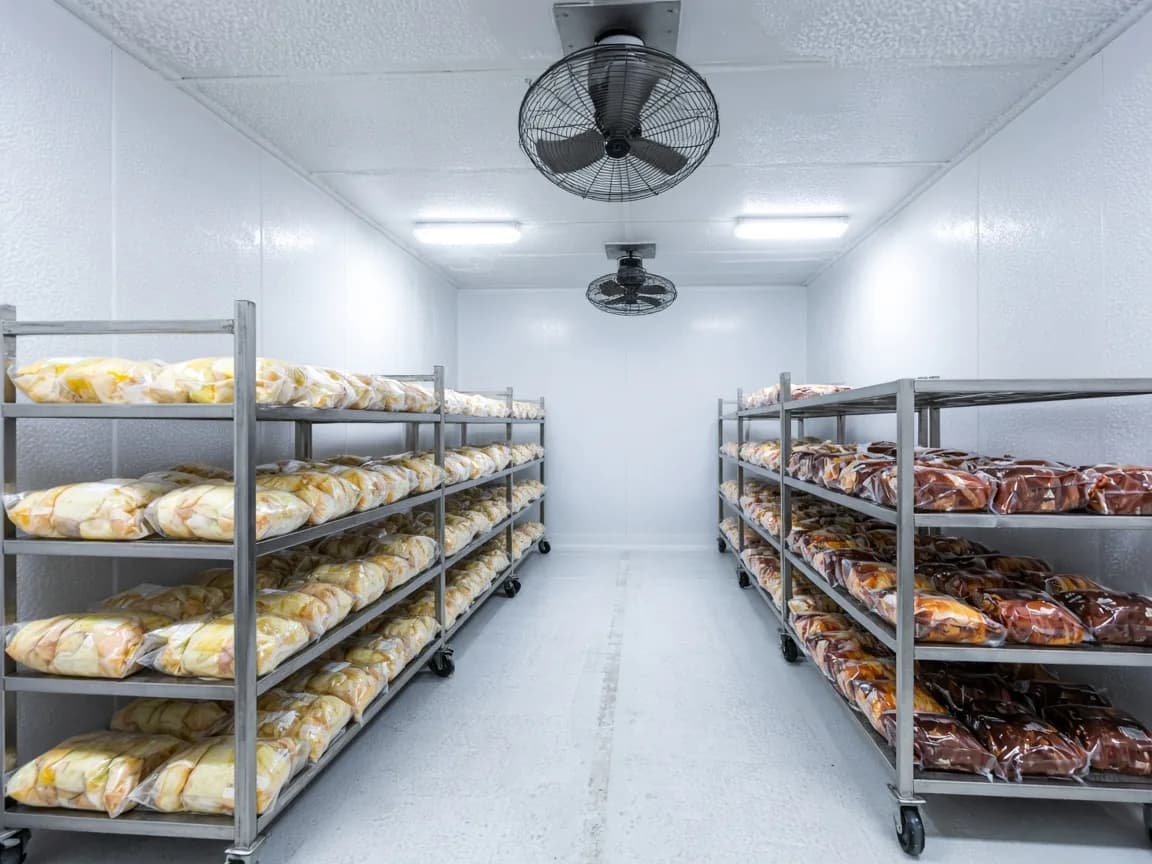 Processed food packs in an Indian blast freezer