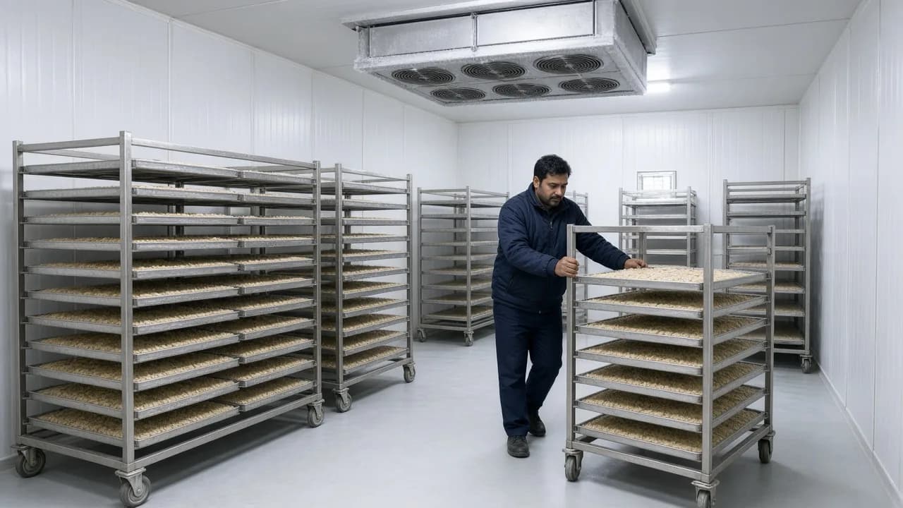 An Indian worker pushing a trolley inside a bright blast freezer