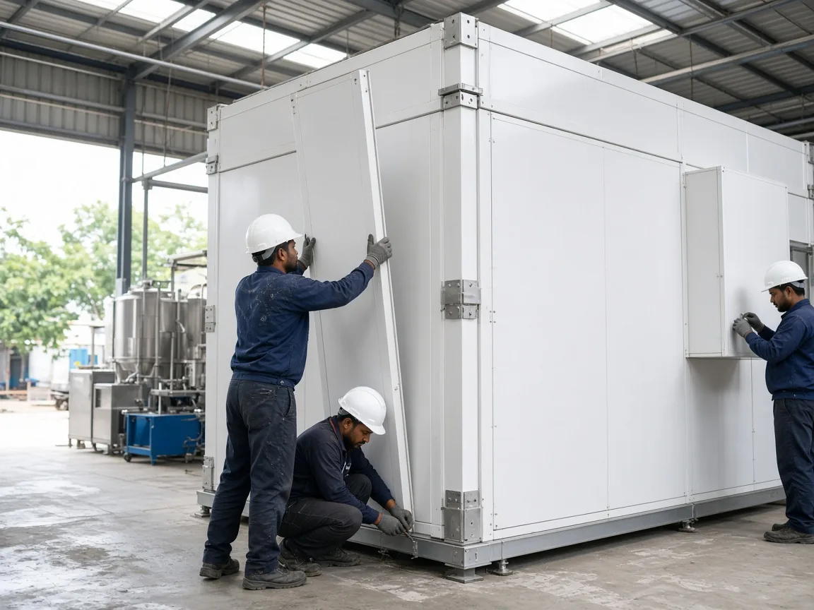 Indian technicians building a blast freezer