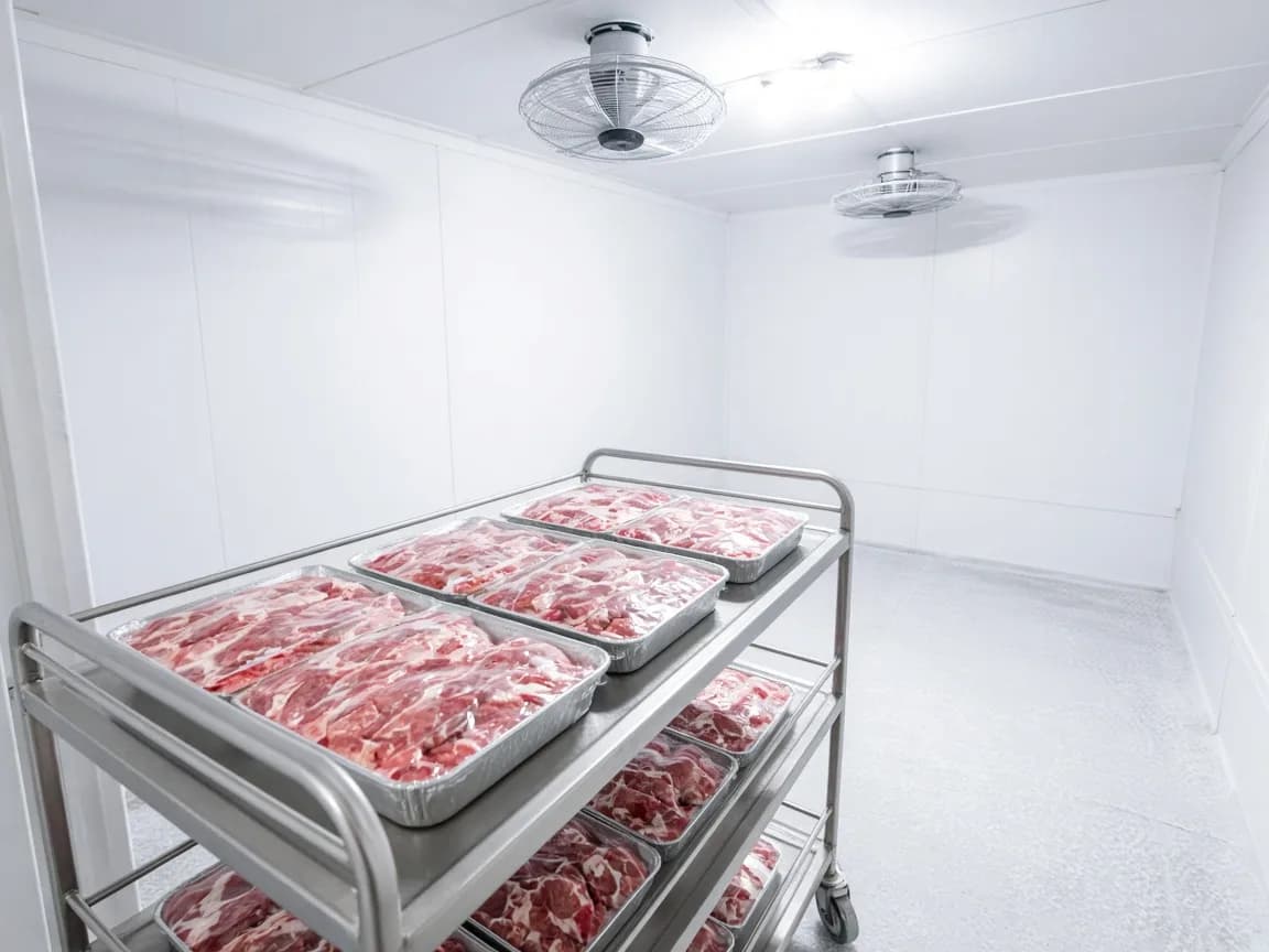 Meat on trays in an Indian blast freezer