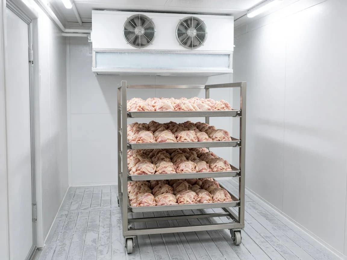 Poultry trays in an Indian blast freezer