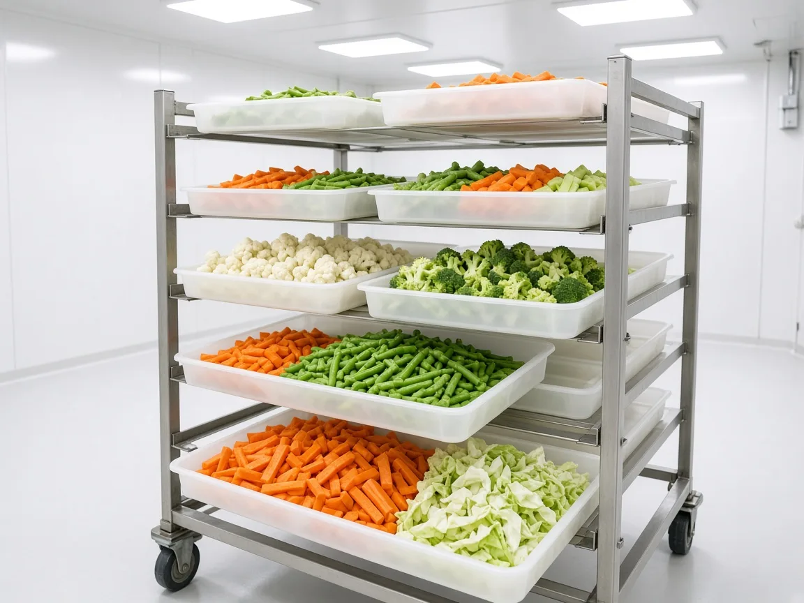 Cut vegetables ready for blast freezing in India