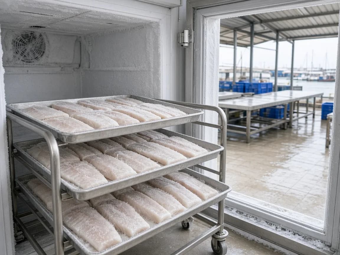 Seafood on trays in an Indian blast freezer