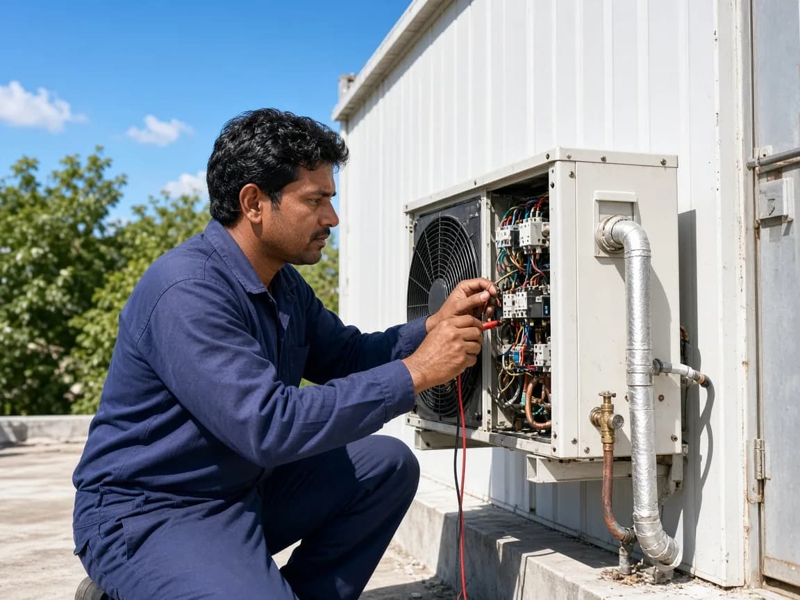 An Indian technician servicing refrigeration beside a blast freezer building