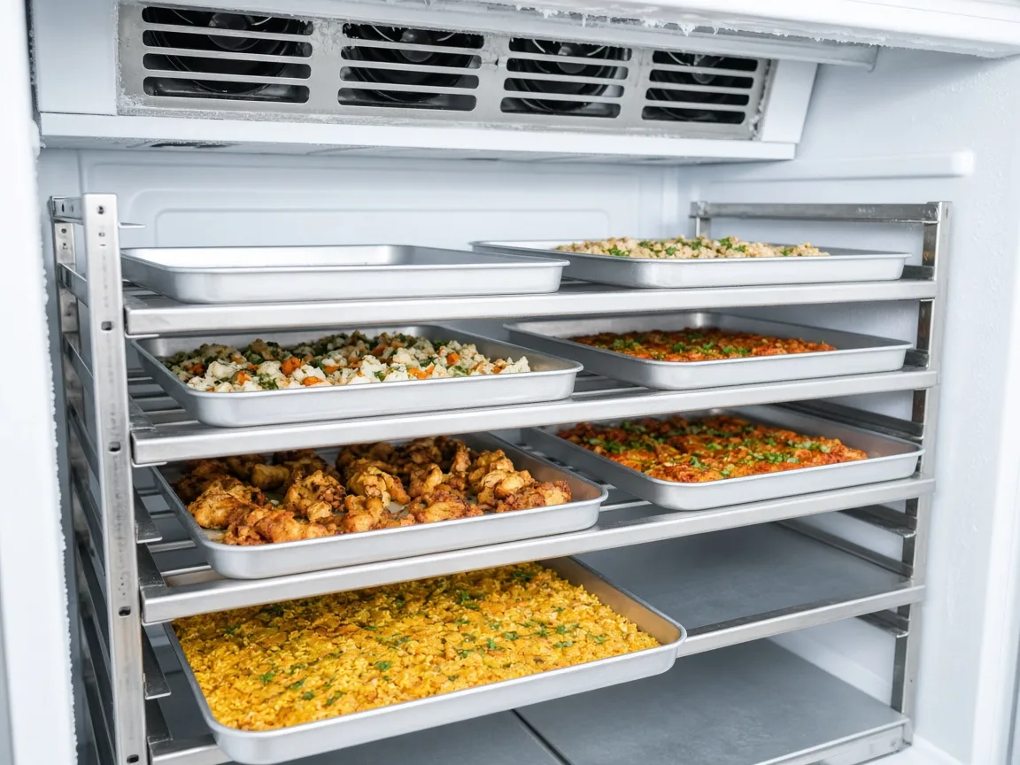 Trays spaced for airflow inside an Indian blast freezer