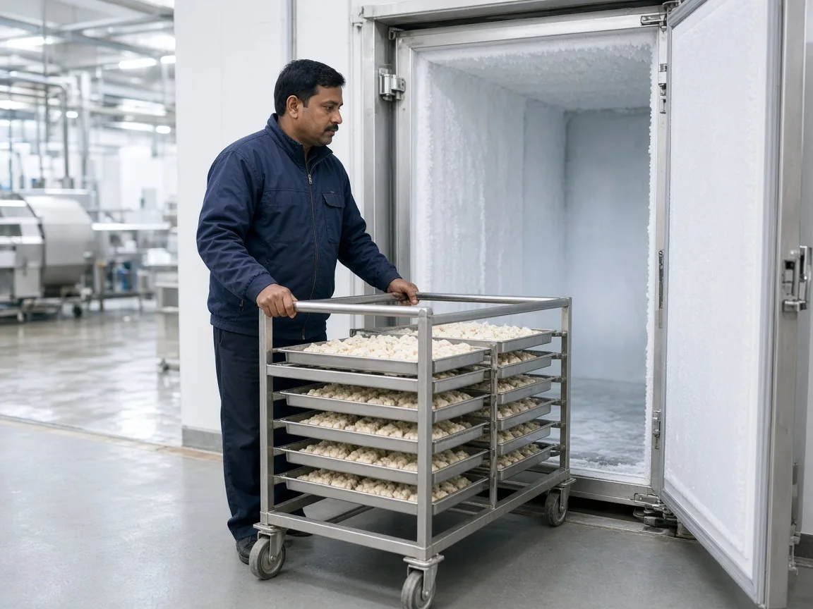 An Indian worker entering a walk-in blast freezer