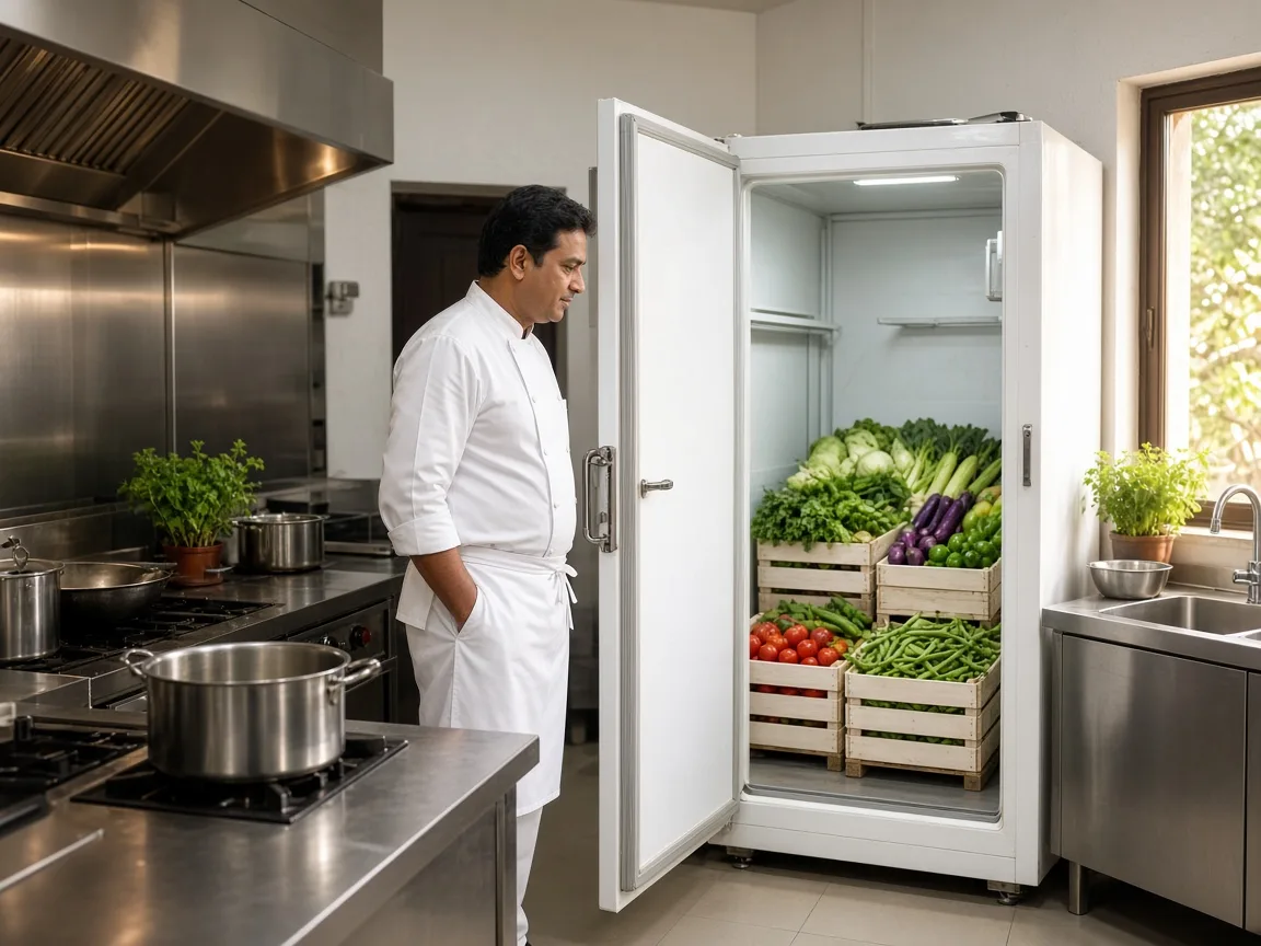 A commercial chiller in an Indian restaurant kitchen