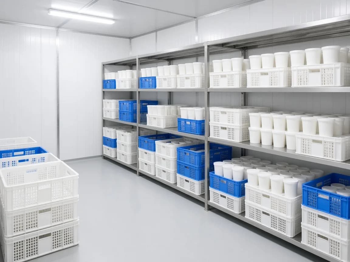 Dairy products in an Indian chiller room