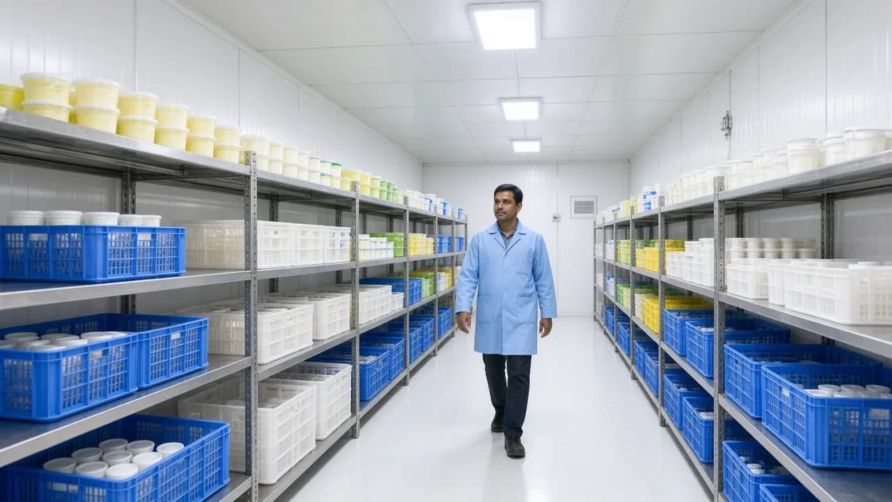 An Indian worker in a bright dairy chiller room