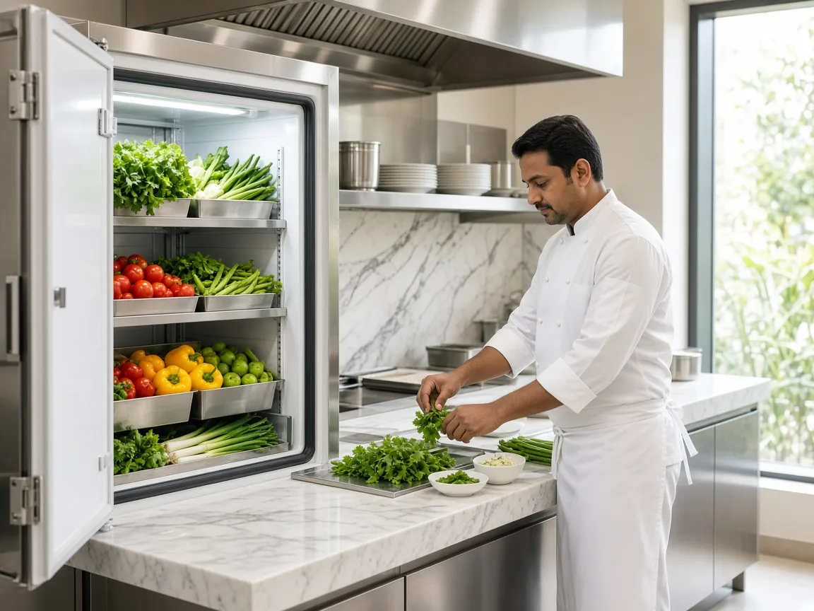 A walk-in chiller in an Indian hotel kitchen
