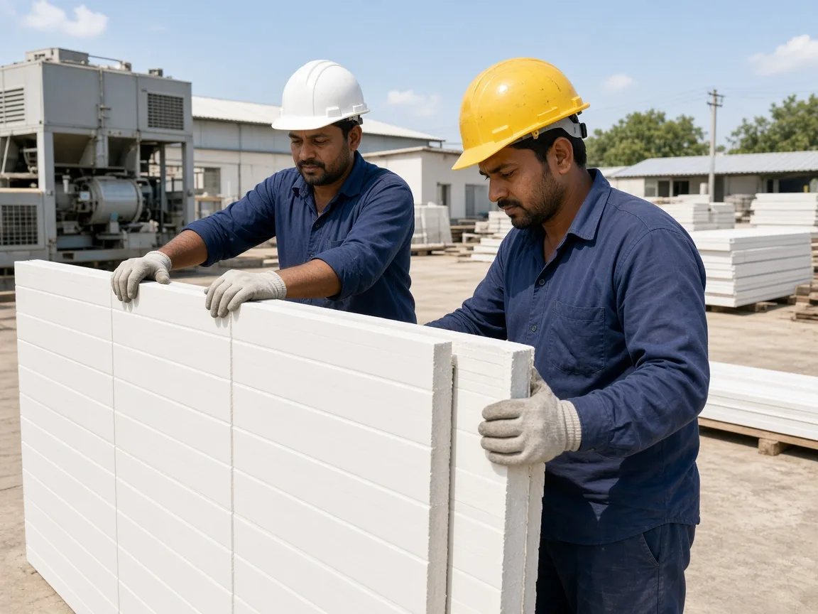 Insulated chiller panels in an Indian factory yard