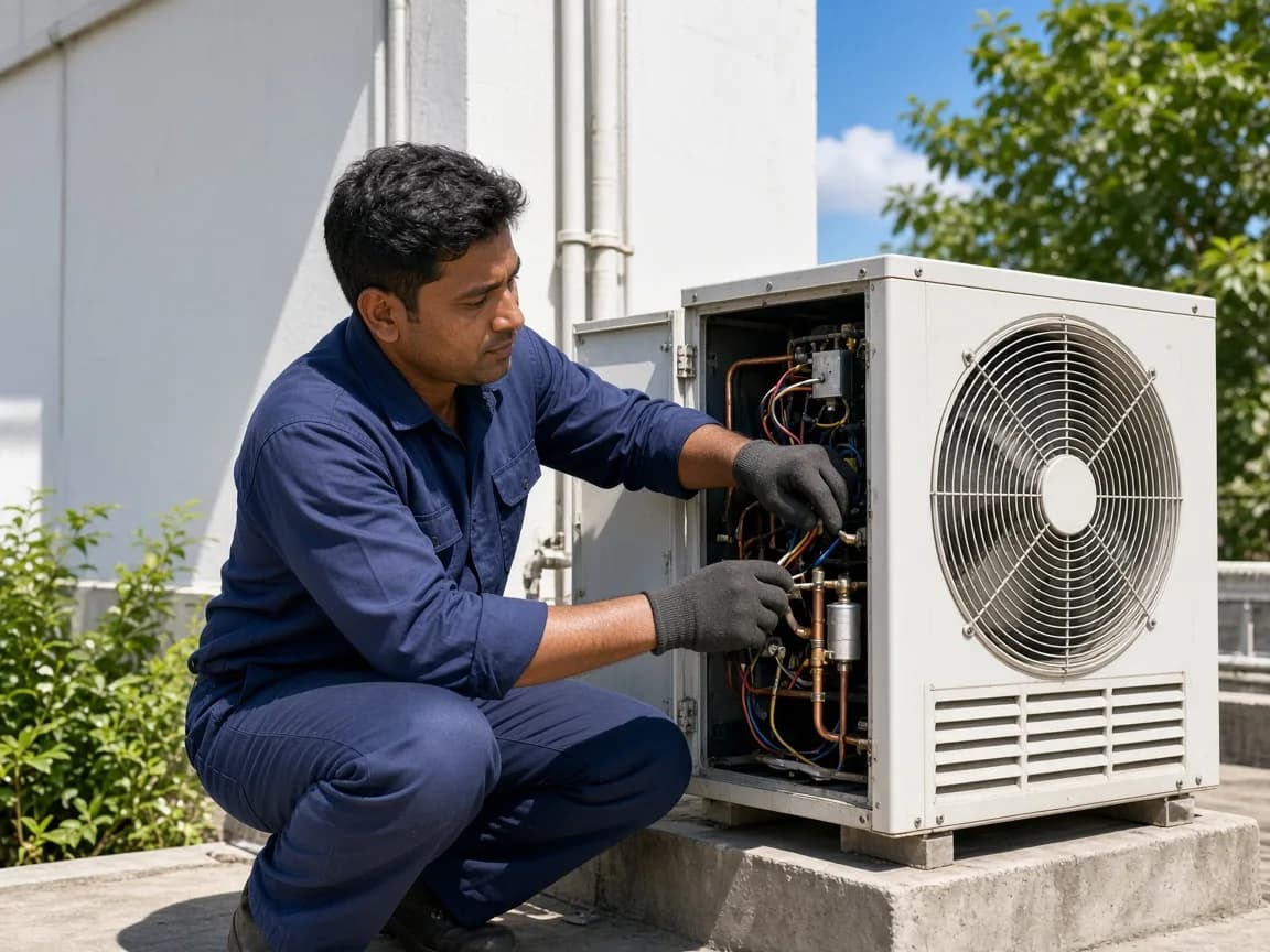 An Indian technician servicing refrigeration beside a chiller building