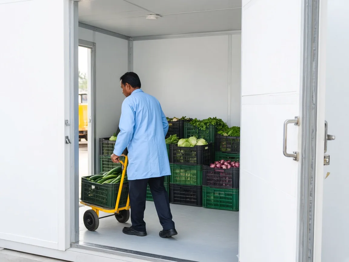 An Indian worker entering a walk-in chiller