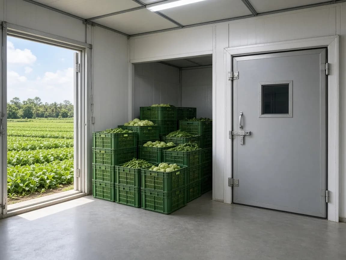 A packhouse cold room beside a second temperature zone in India