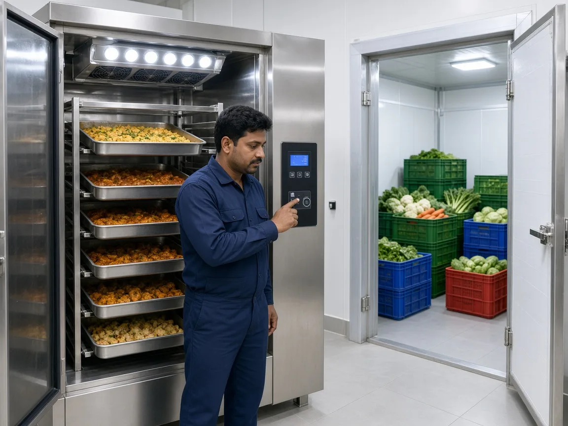 A blast chiller beside chilled storage in an Indian food plant