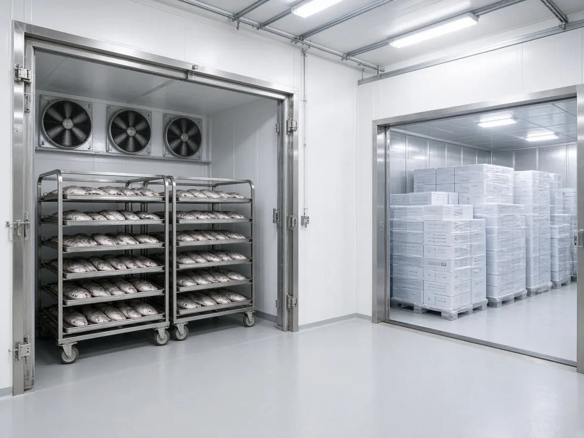 A blast freezer beside frozen holding in an Indian seafood plant