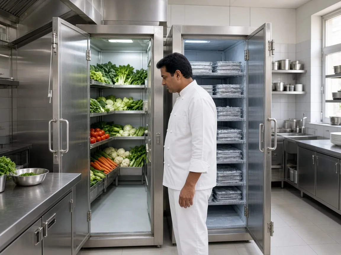 An Indian hotel kitchen with two cold room doors