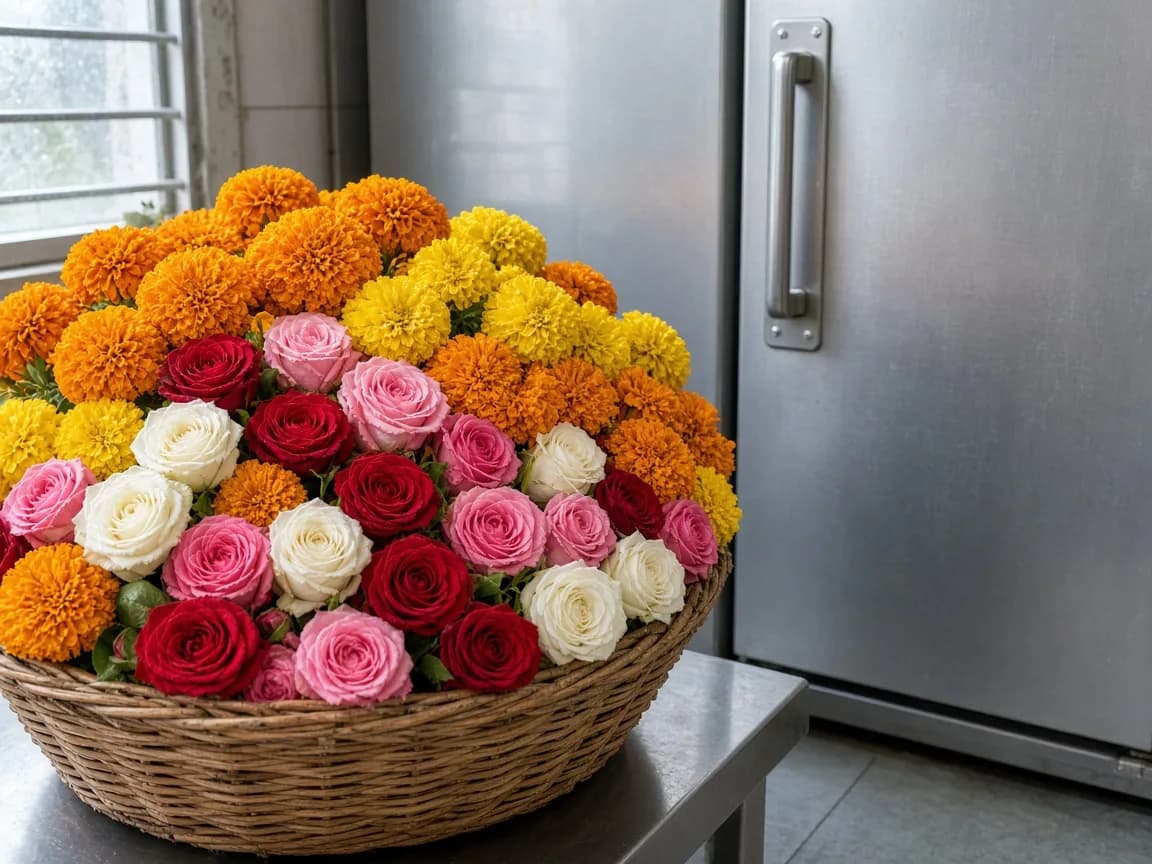 Flowers in a chilled room beside a freezer door in India