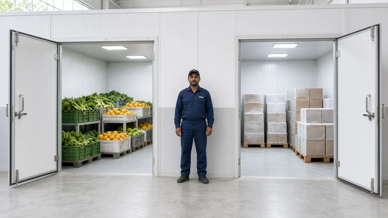 An Indian worker between a chilled room and a frozen room in a food plant