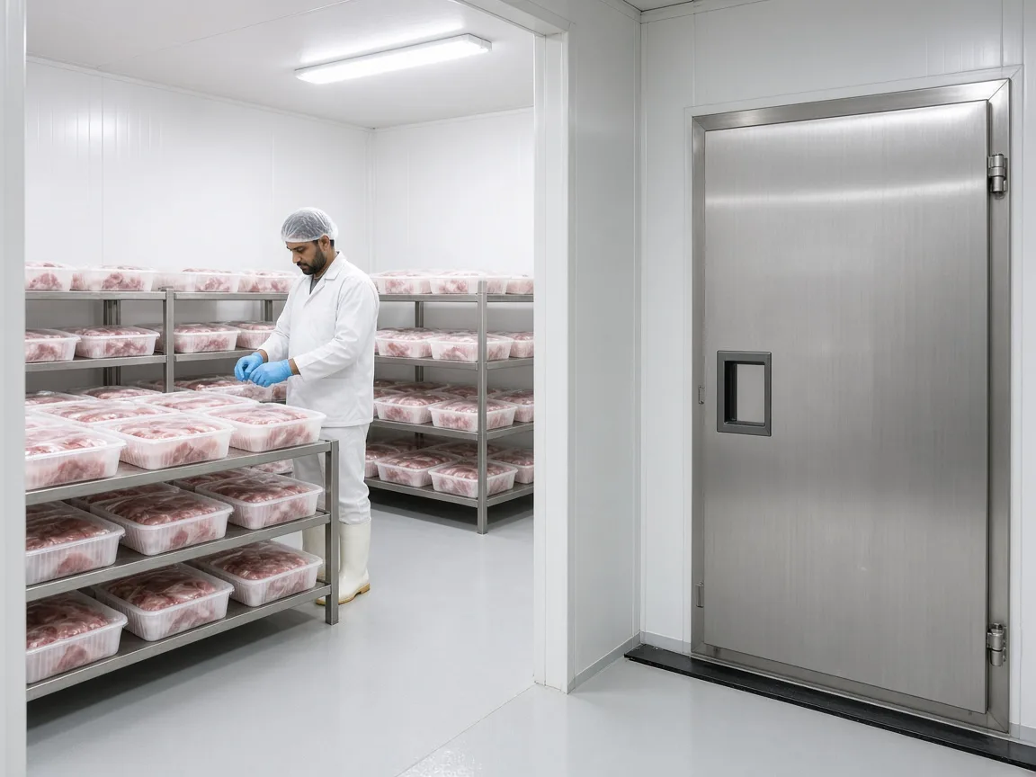 A chilled meat room beside a freezer door in India