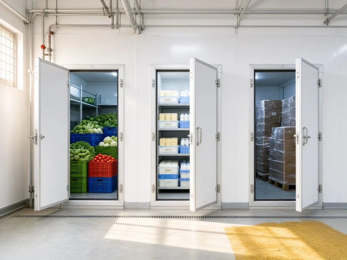 Three cold room doors for different temperatures in an Indian factory