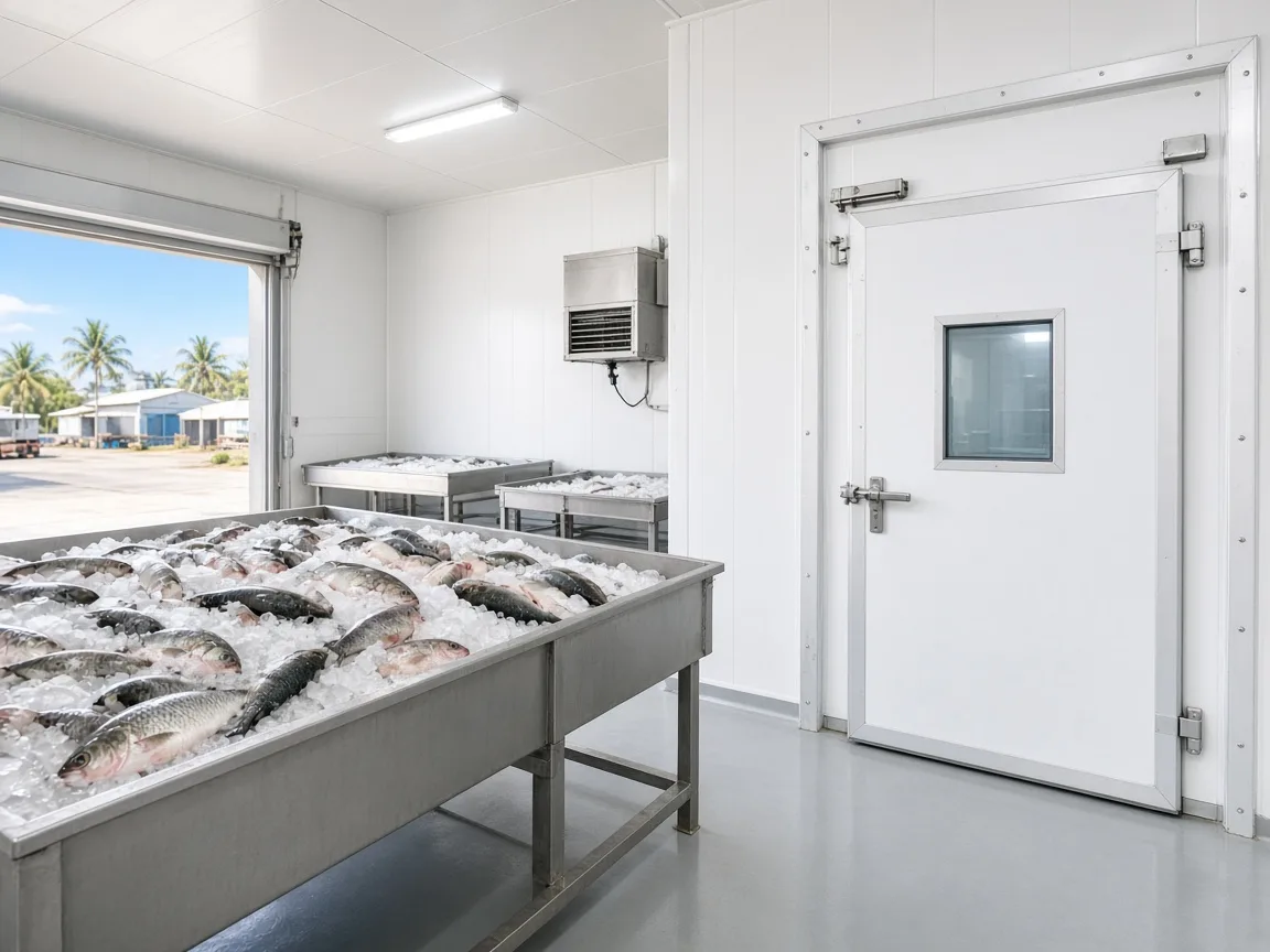 A seafood chiller beside a frozen room in coastal India