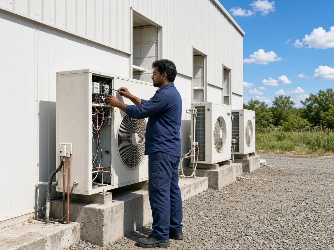 An Indian technician servicing refrigeration beside a multi-room cold store