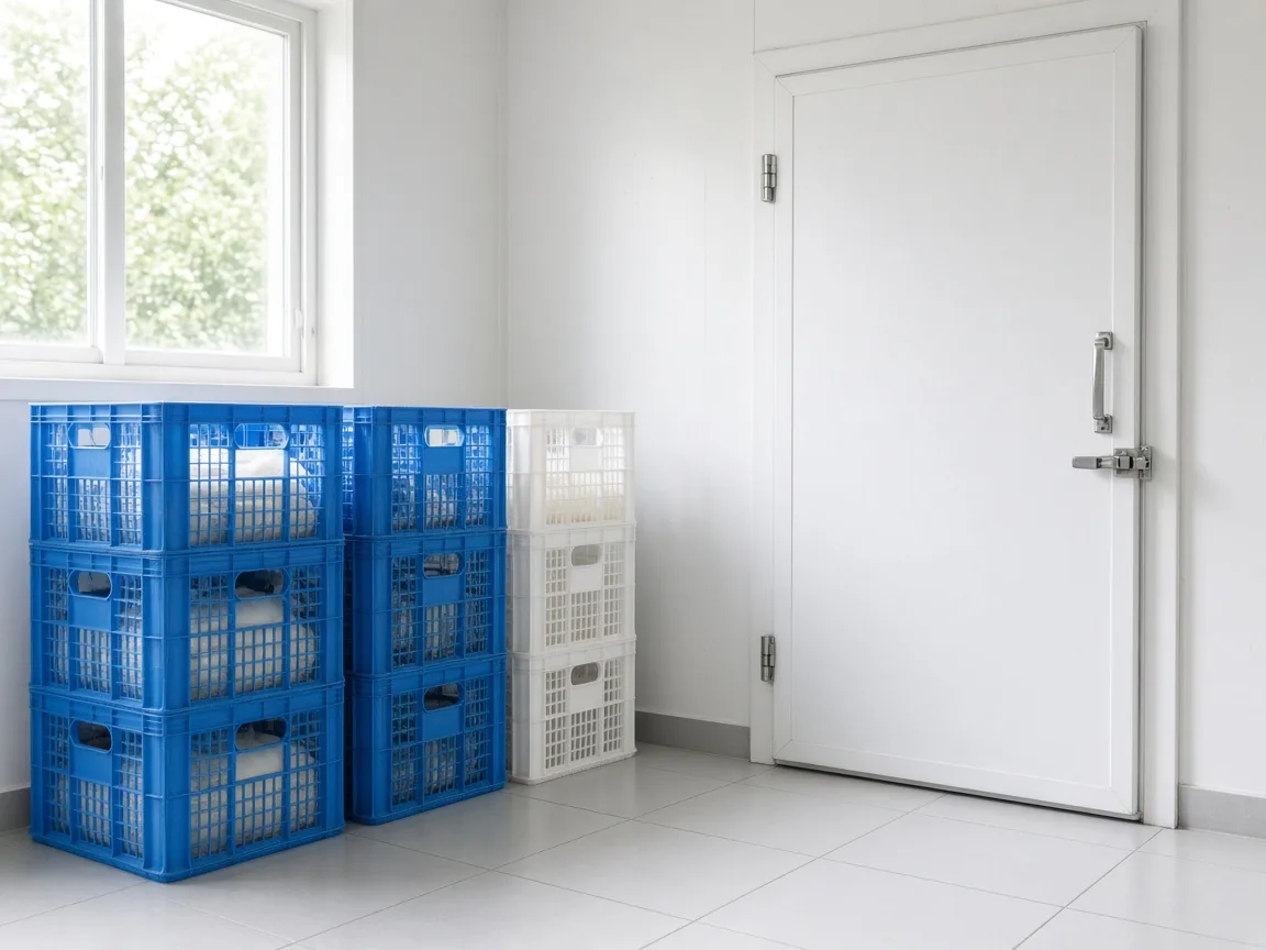 Dairy storage beside a freezer door in India