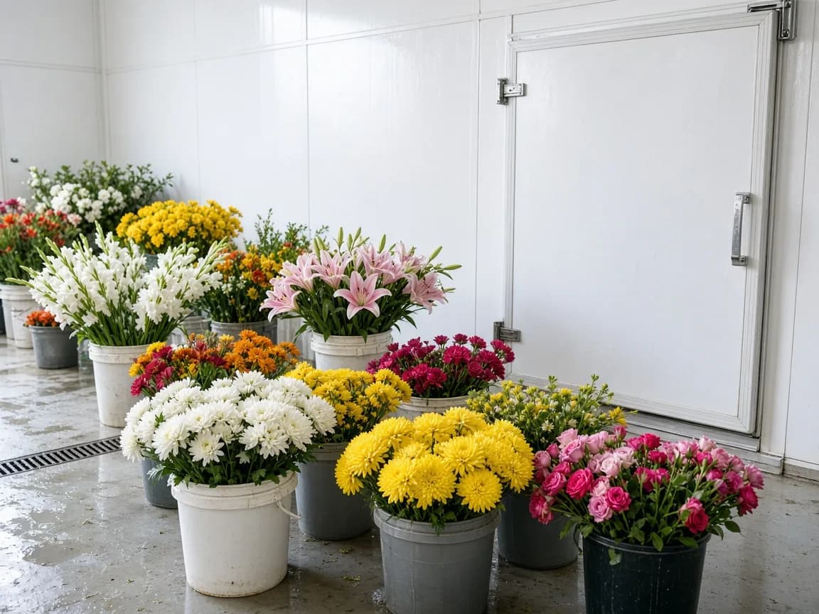 Flowers in a chilled room beside a freezer door in India