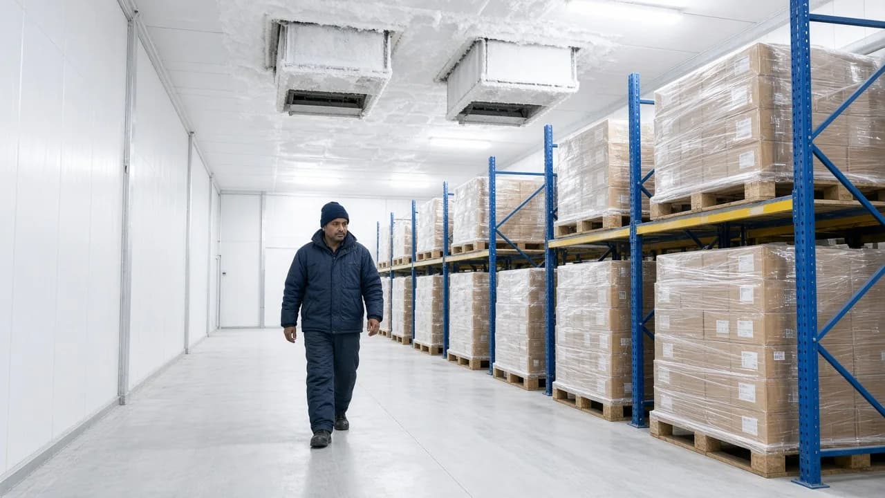 An Indian worker in a bright freezer room with frozen food pallets